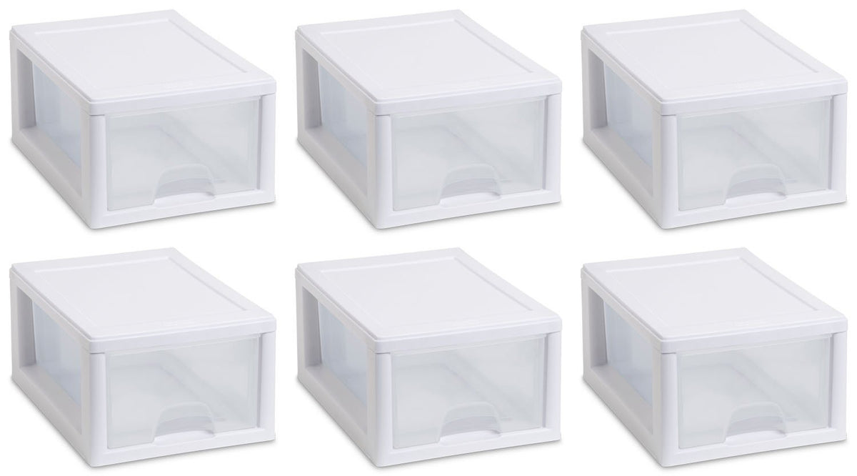Sterilite 6-Quart stacking drawer with white frame and clear front for easy visibility.