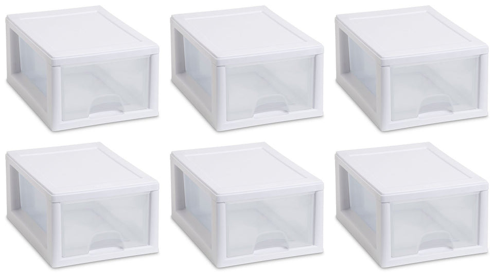 Sterilite 6-Quart stacking drawer with white frame and clear front for easy visibility.