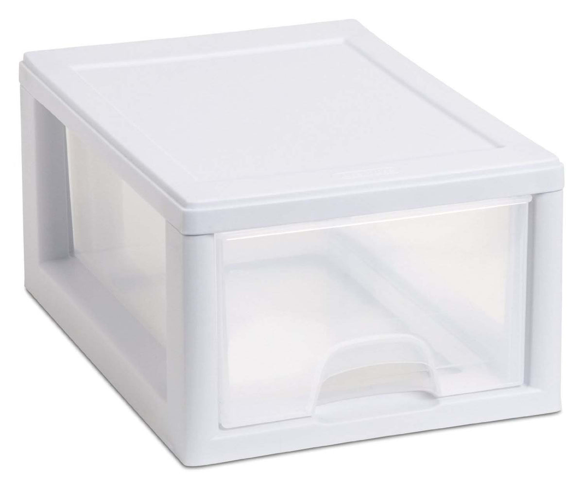 Close-up of stacked drawers showing linking tabs for modular storage.