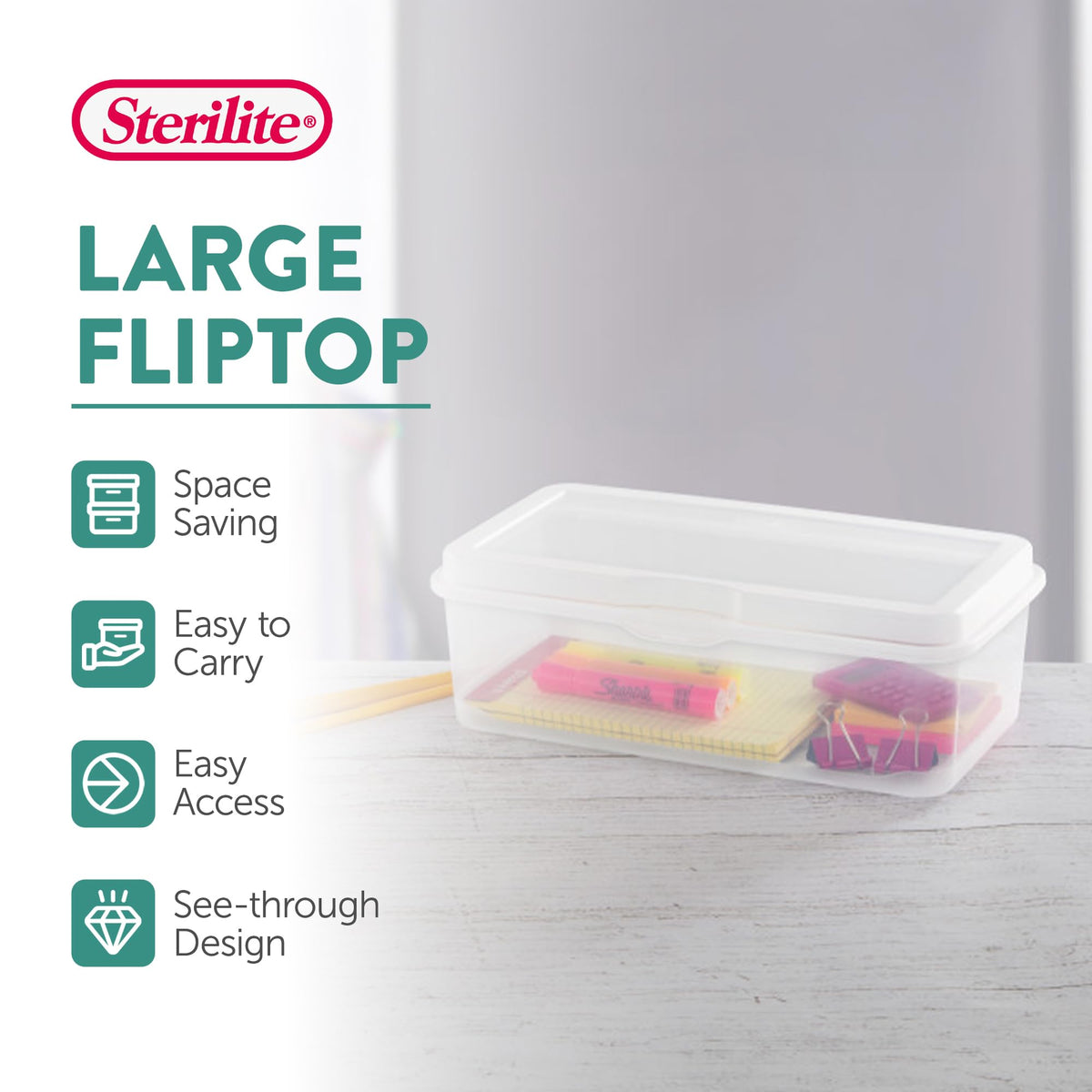 Sterilite large flipTop on shelf demonstrating stackable design