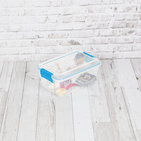Sterilite 7.5 Qt gasket box in closet for basement organization and easy access.