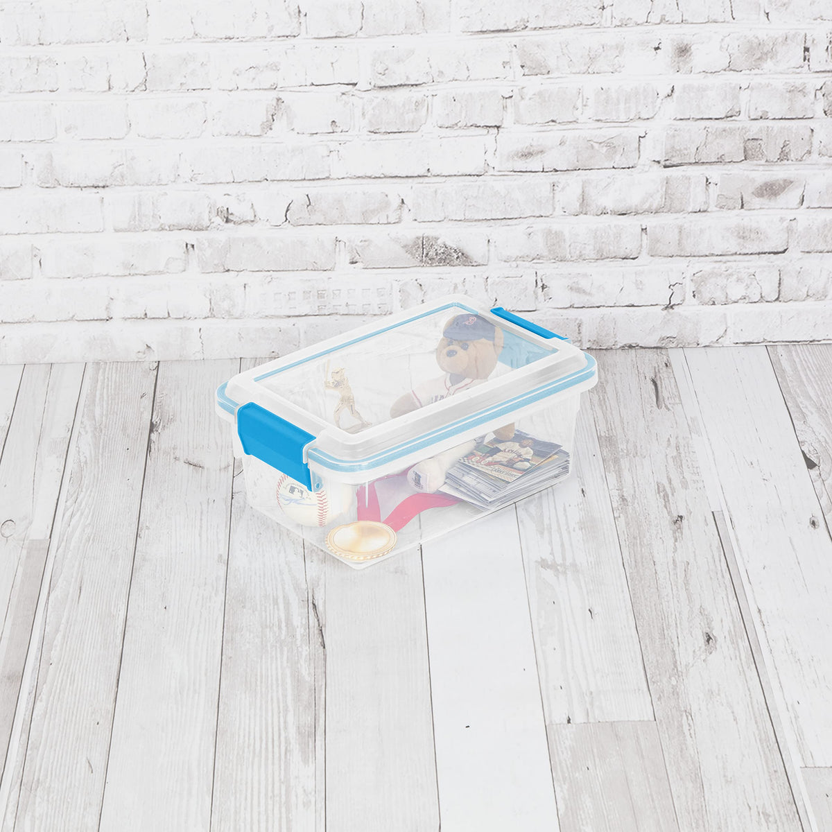 Sterilite 7.5 Qt gasket box in closet for basement organization and easy access.