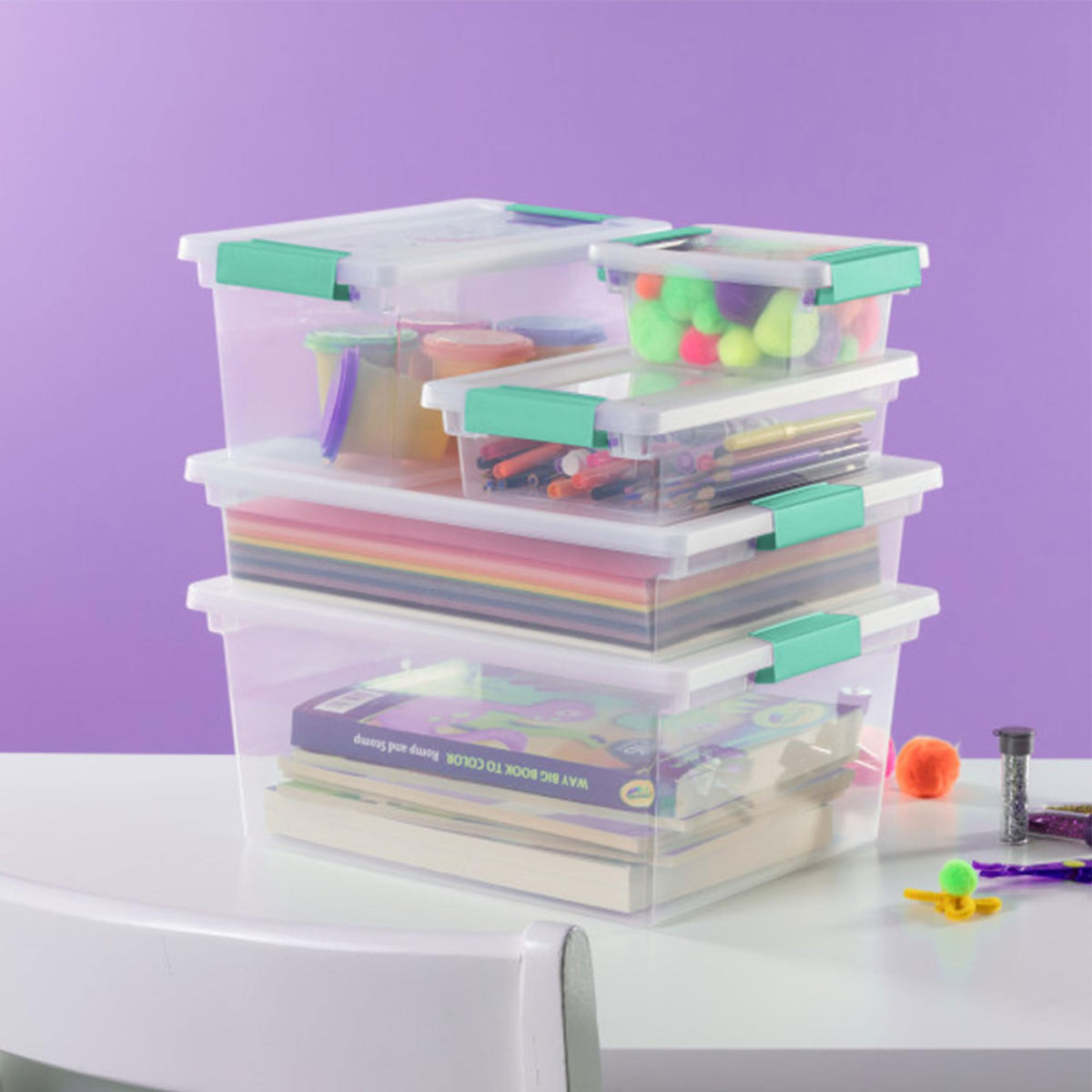 Sterilite classroom organization for crafting and school projects with clear visibility.