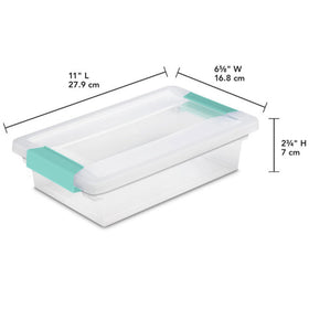 Sterilite clear lid and base design for quick item identification in busy classrooms.