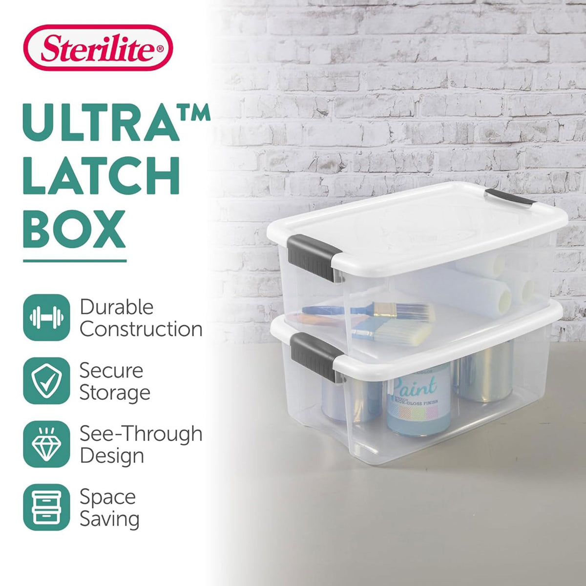 Sterilite clear storage bin demonstrates contents at a glance for quick retrieval.