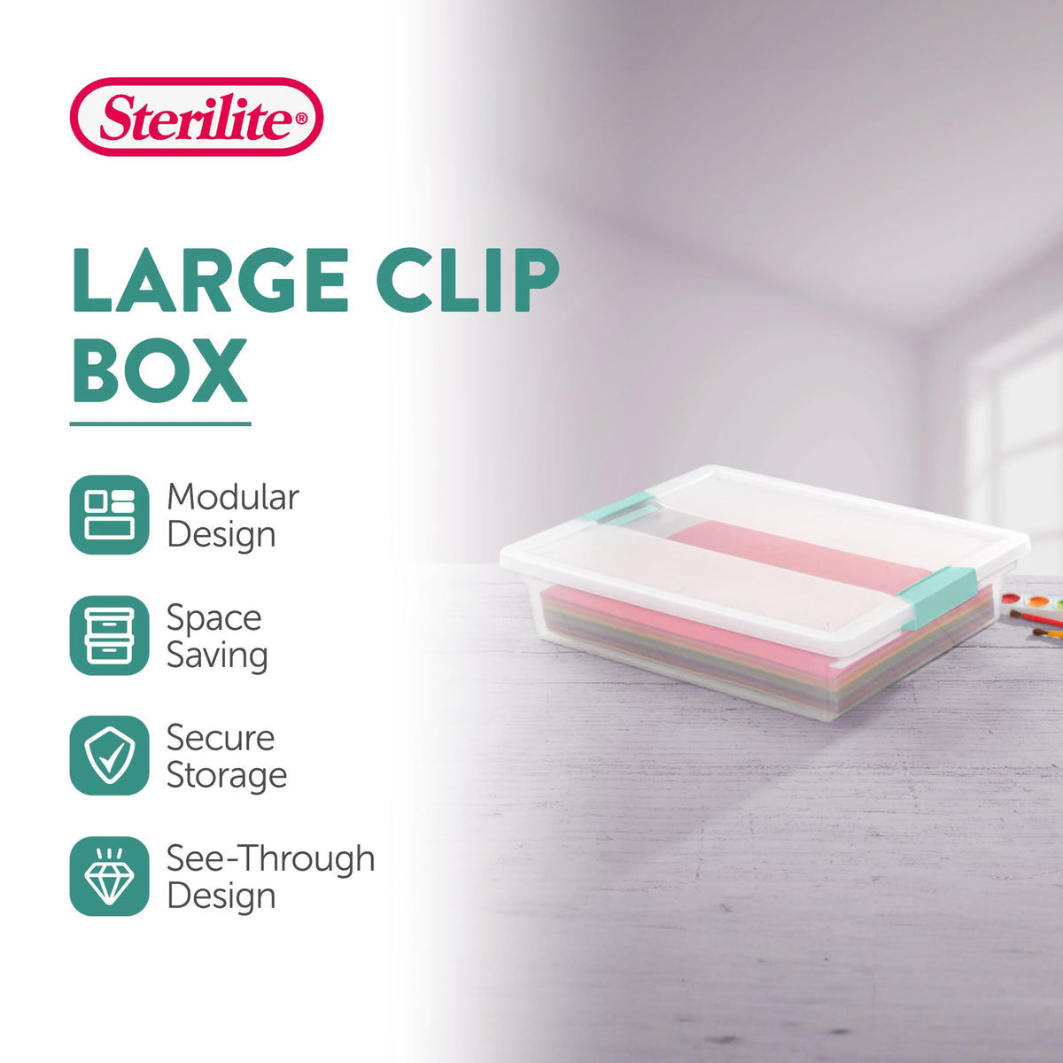 Sterilite clip box with latching lid close-up shows secure closure for loose items.
