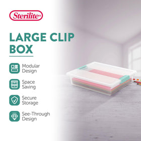 Sterilite clip box with latching lid close-up shows secure closure for loose items.