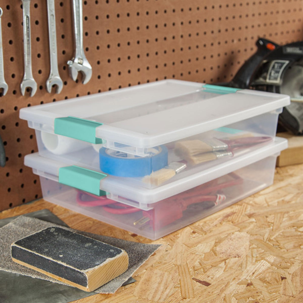 Sterilite clip box notebook storage keeps papers organized.