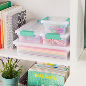 Sterilite stackable clip box supports home, office, and classroom organization.