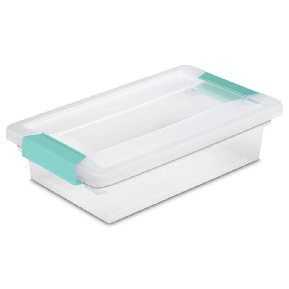 Sterilite clip box with stackable clear bin and latching lids for easy home organization.
