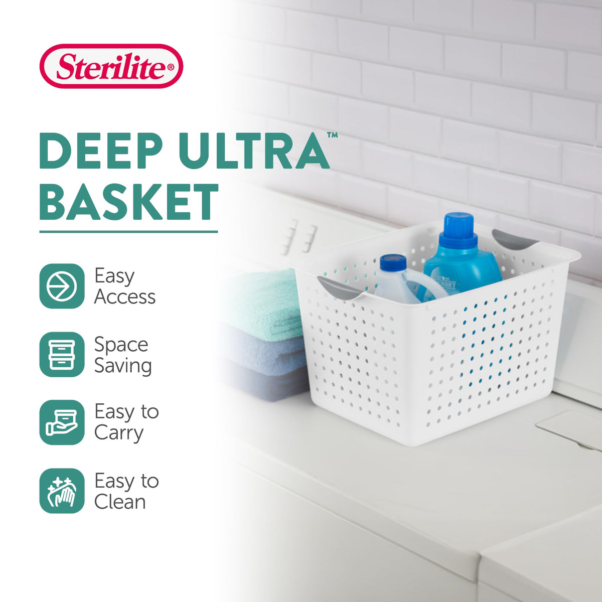 Sterilite basket with contoured handles provides comfortable, secure transport.