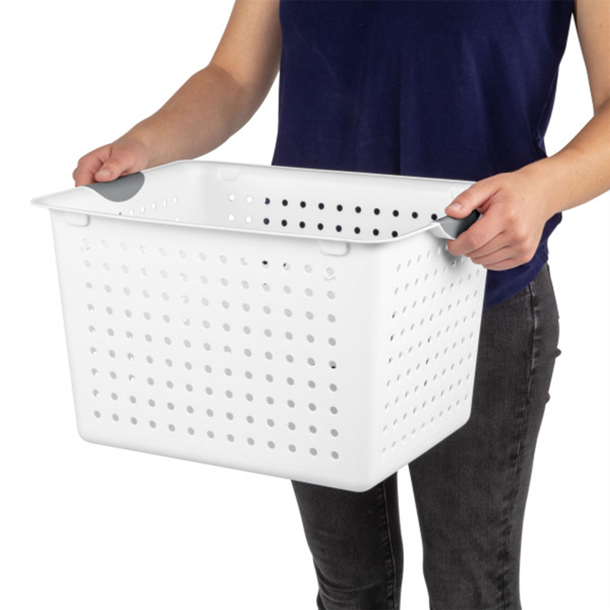 Sterilite home office storage basket keeps supplies neatly arranged.