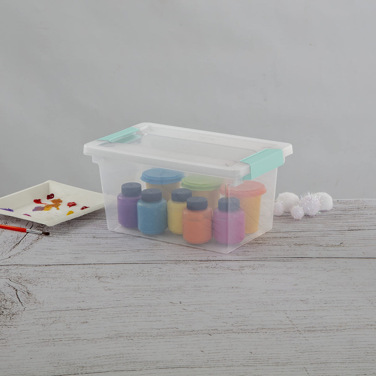 Sterilite medium clip box stackable design saves space on shelves.
