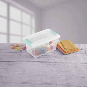 Sterilite clip box in office or craft setup helps organization.