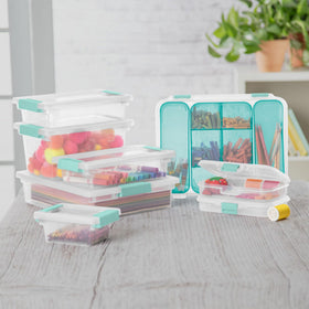 Sterilite clip box with secure latching lids keeps small parts contained.