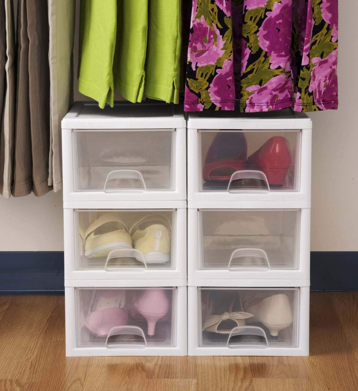 Secure tabs connect multiple drawers for expandable closet organization.