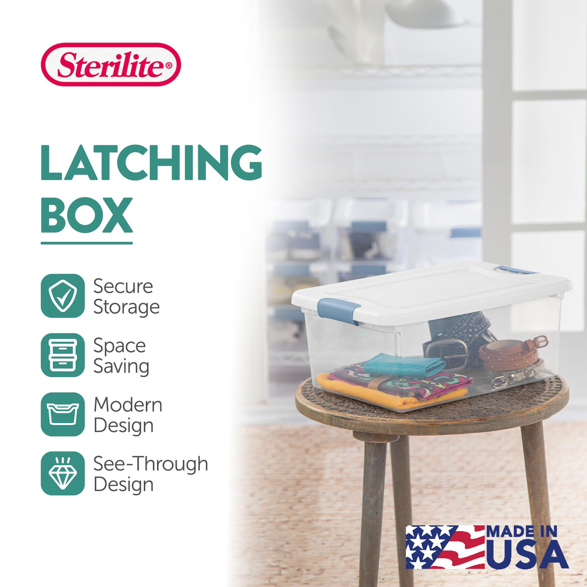 Sterilite clear-base latching box for quick content visibility and organization