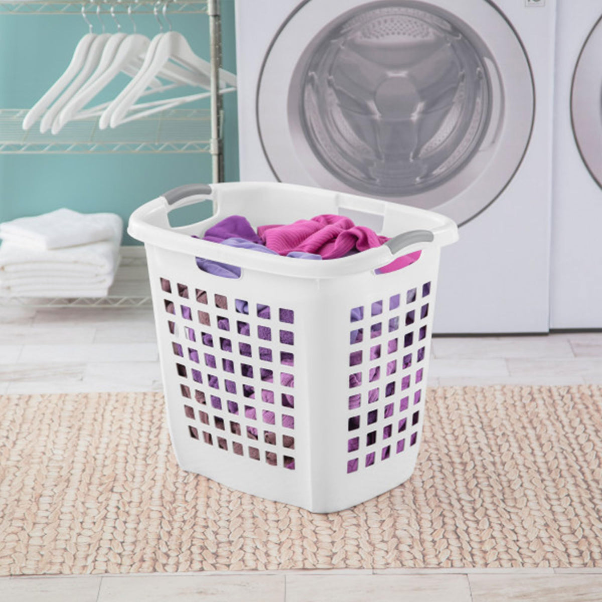 Sterilite Ultra Easy Carry Hamper features reinforced rim for durability during transport.