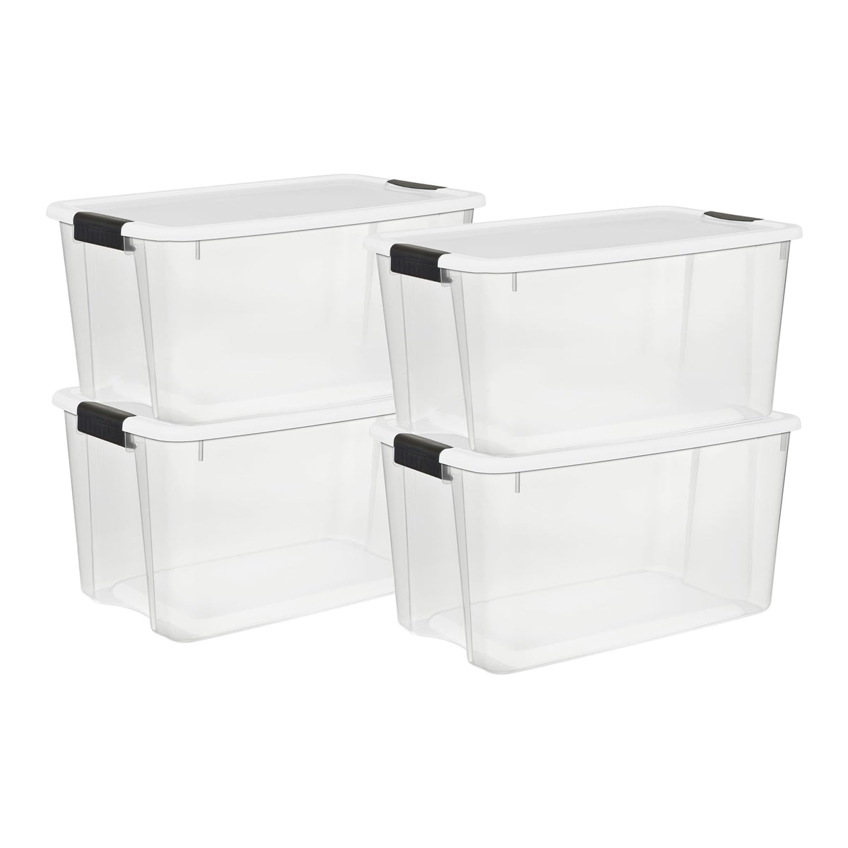 Sterilite Ultra Latch 70-quart box with clear base for quick visibility.