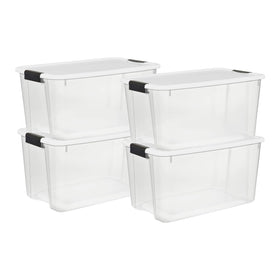 Sterilite Ultra Latch 70-quart box with clear base for quick visibility.