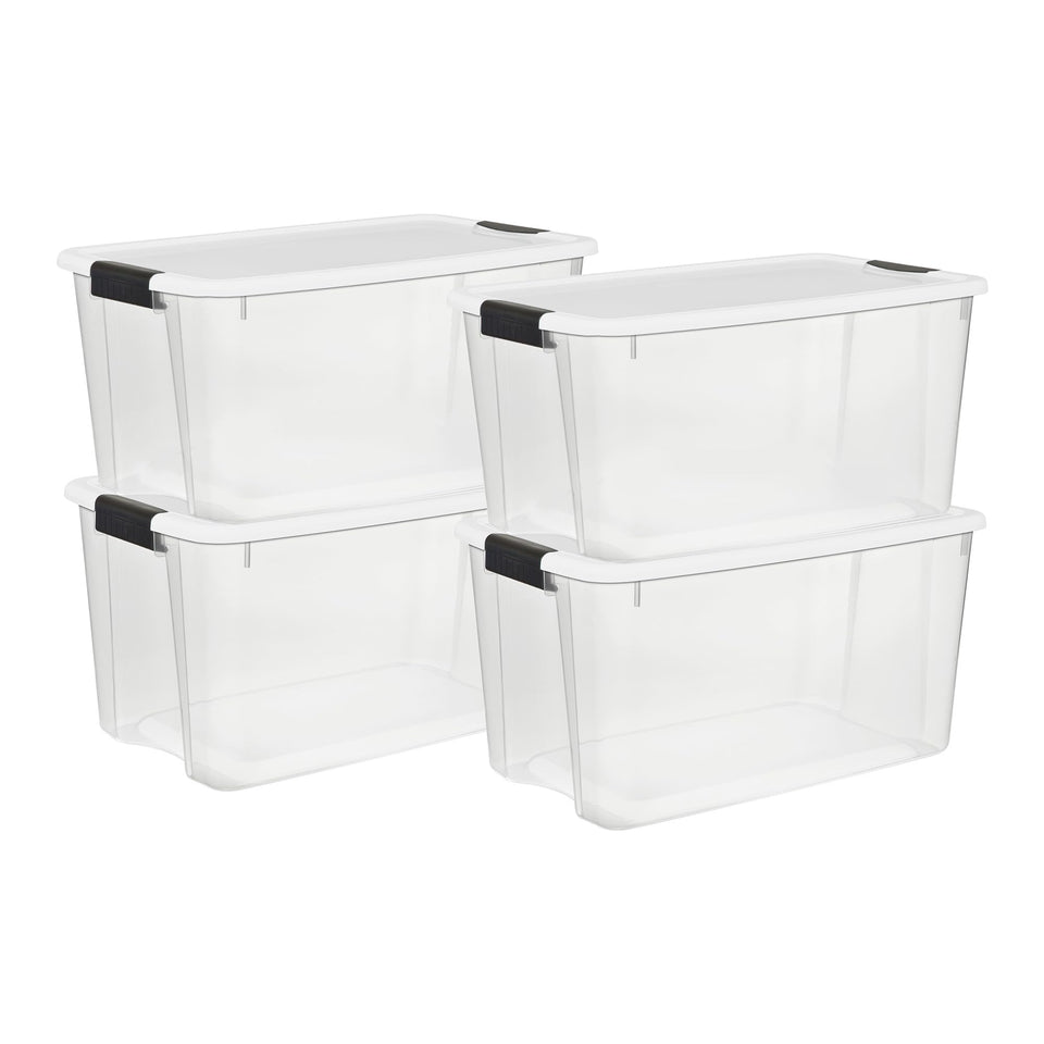 Sterilite Ultra Latch 70-quart box with clear base for quick visibility.