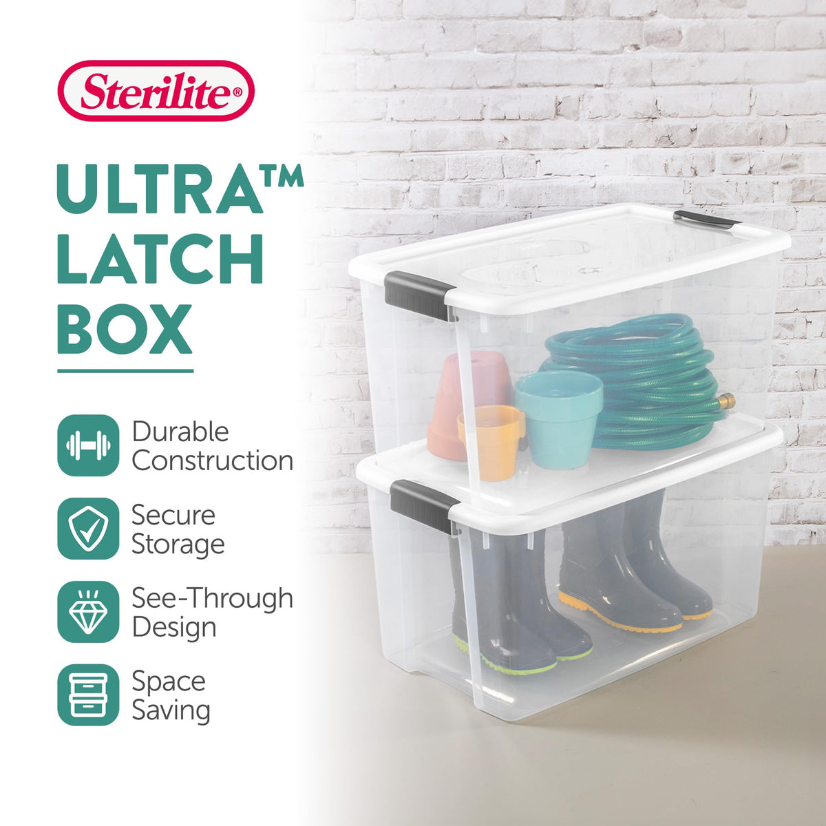 Sterilite Ultra Latch heavy-duty latches secure the lid to the base.