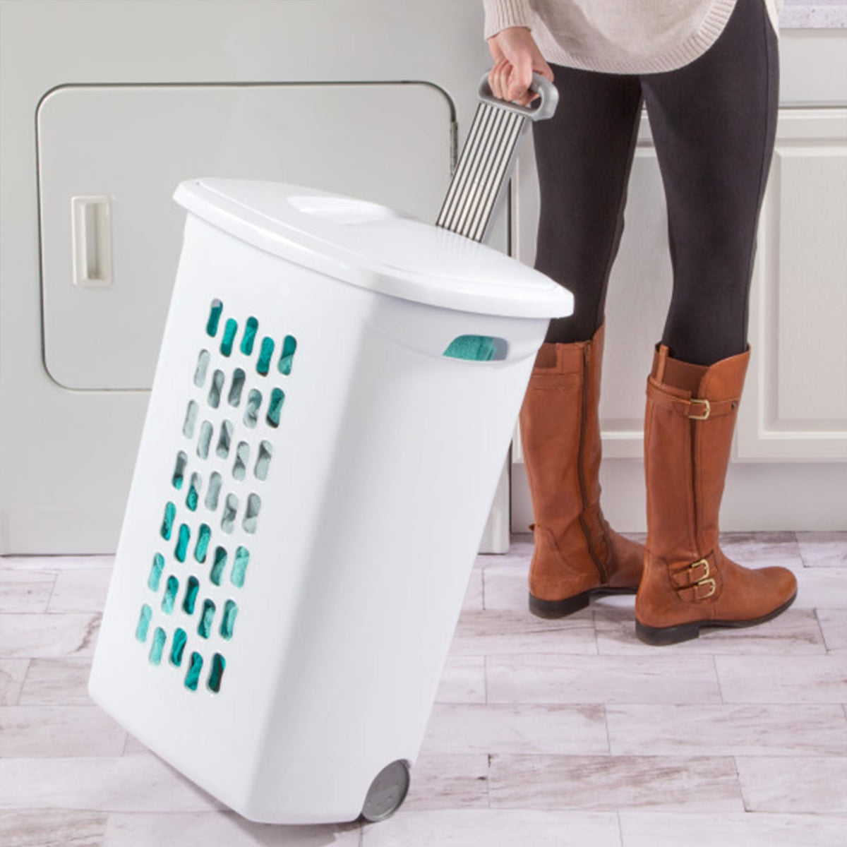 Sterilite Ultra Wheeled Hamper's slim dimensions fit narrow spaces while holding full loads.