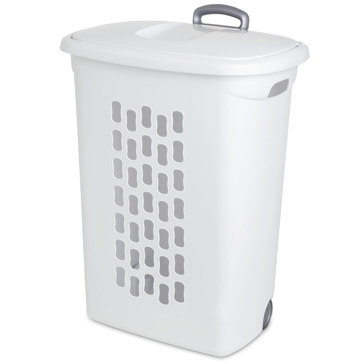 Sterilite Ultra Wheeled Hamper with flip-top lid conceals laundry neatly.