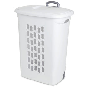Sterilite Ultra Wheeled Hamper with flip-top lid conceals laundry neatly.