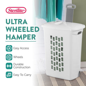 Sterilite Ultra Wheeled Hamper shows the retractable handle for smooth movement of loads.