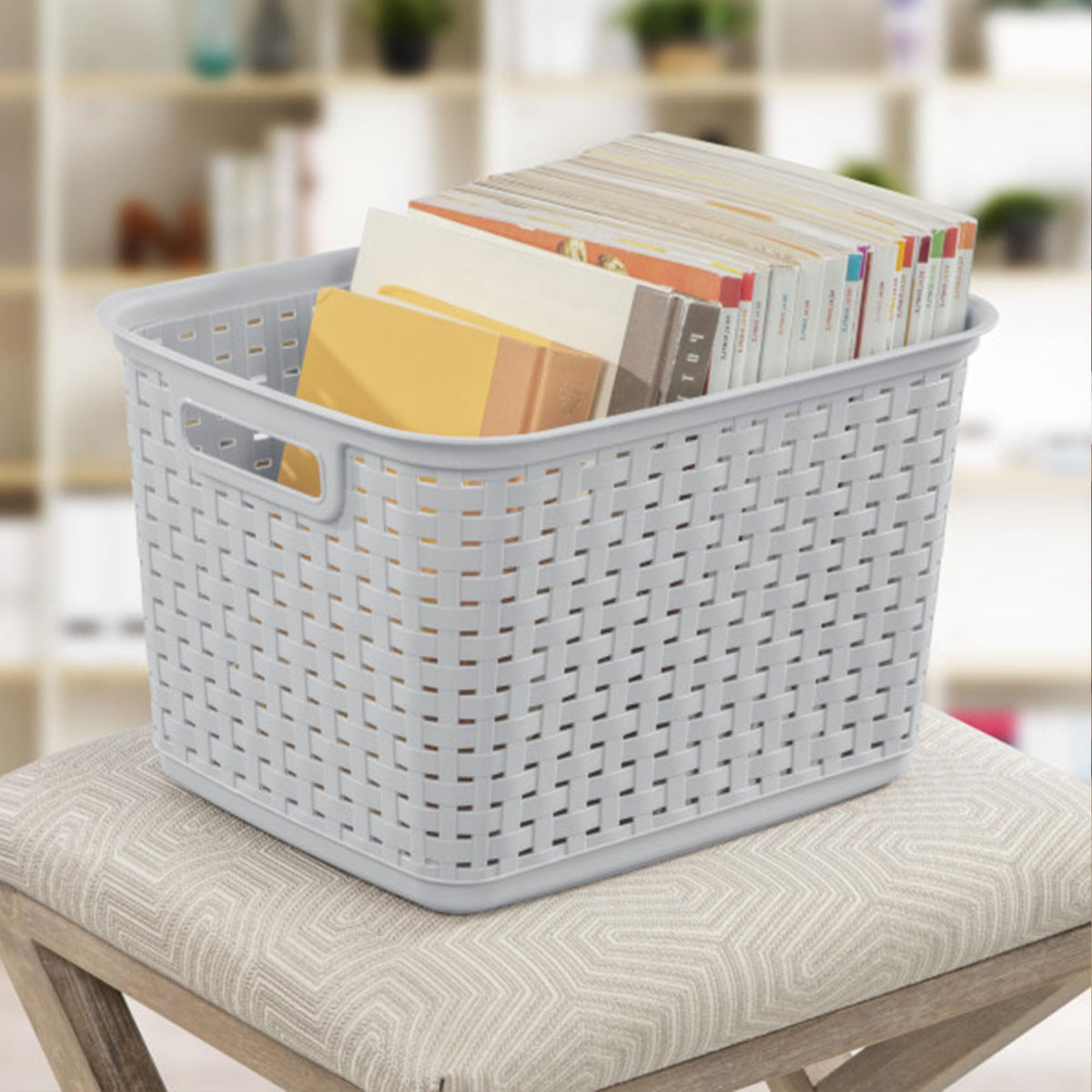 Sterilite weave basket in dorm room closet for compact organization