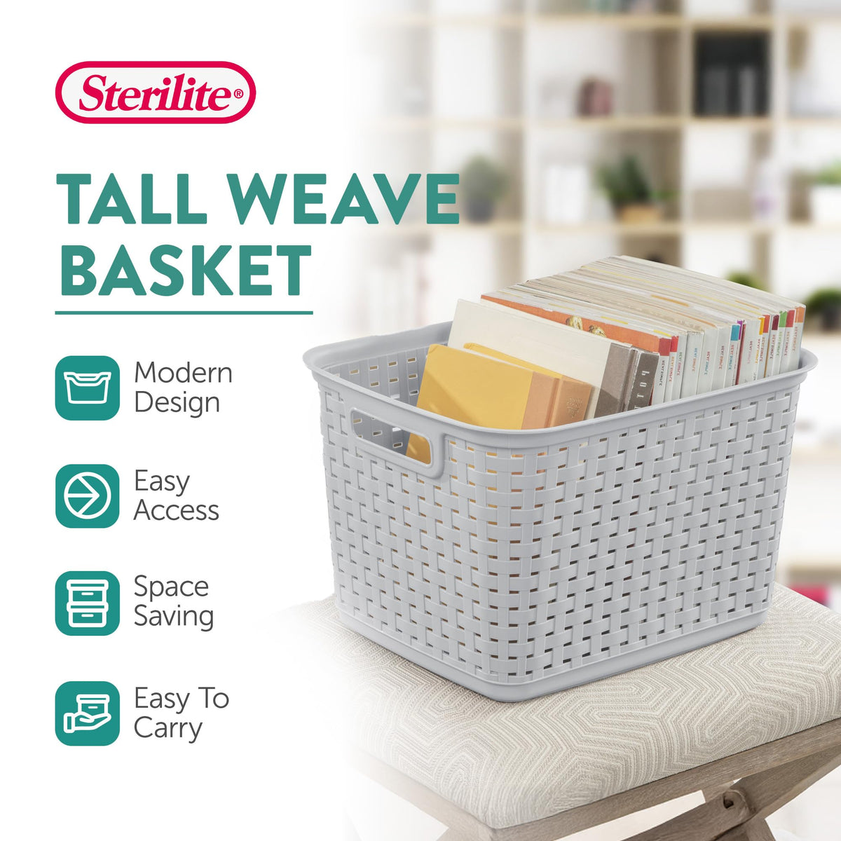 Sterilite weave basket on kitchen counter for organization and decluttering
