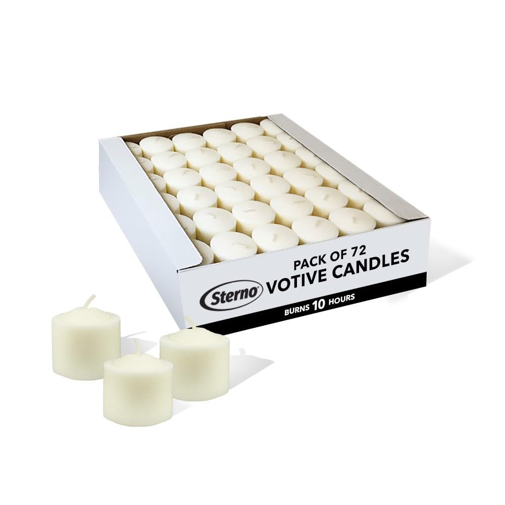Sterno 72-pack votive candles in bulk for elegant events and long-lasting ambiance.