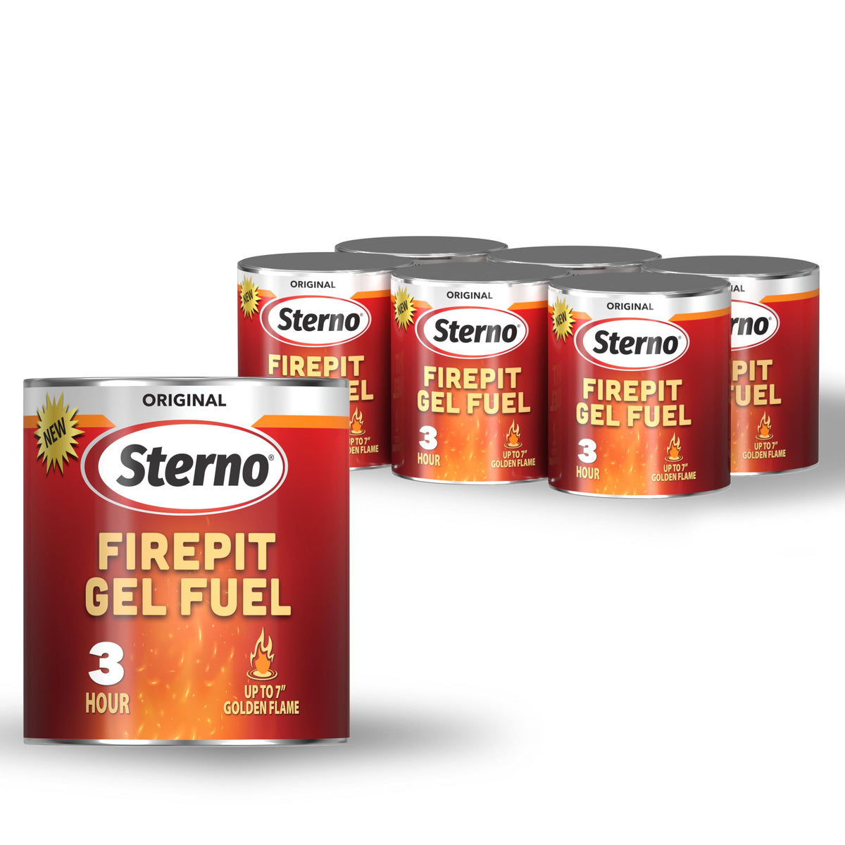 Sterno Fire Pit Gel Fuel can showing up to 3 hours burn for outdoor warmth.