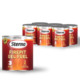 Sterno Fire Pit Gel Fuel can showing up to 3 hours burn for outdoor warmth.