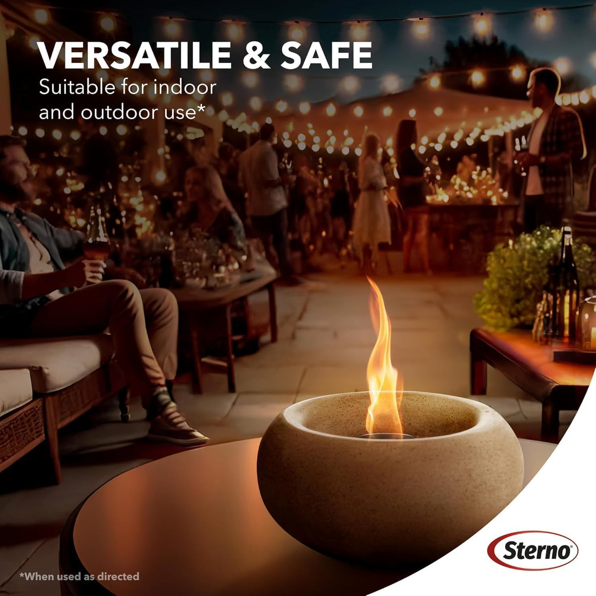 Sterno Fire Pit Gel Fuel safe for indoor and outdoor use on table surfaces.