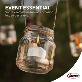 Sterno long burn time tea lights keep tables lit throughout events.