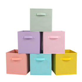 Stero fabric storage bin in cyan with front handle for easy toy organization.