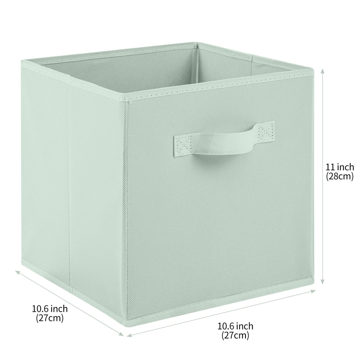 Stero fabric storage bin in green folds flat for space saving storage.