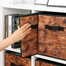 Stero fabric storage cubes in living room adding warm rustic style.