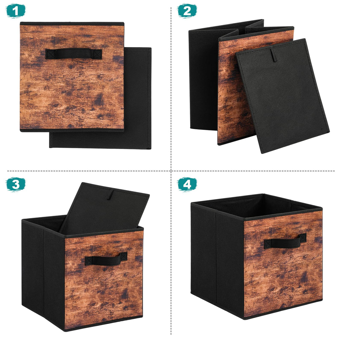 Stero fabric storage cubes opened to reveal easy access and quick setup.