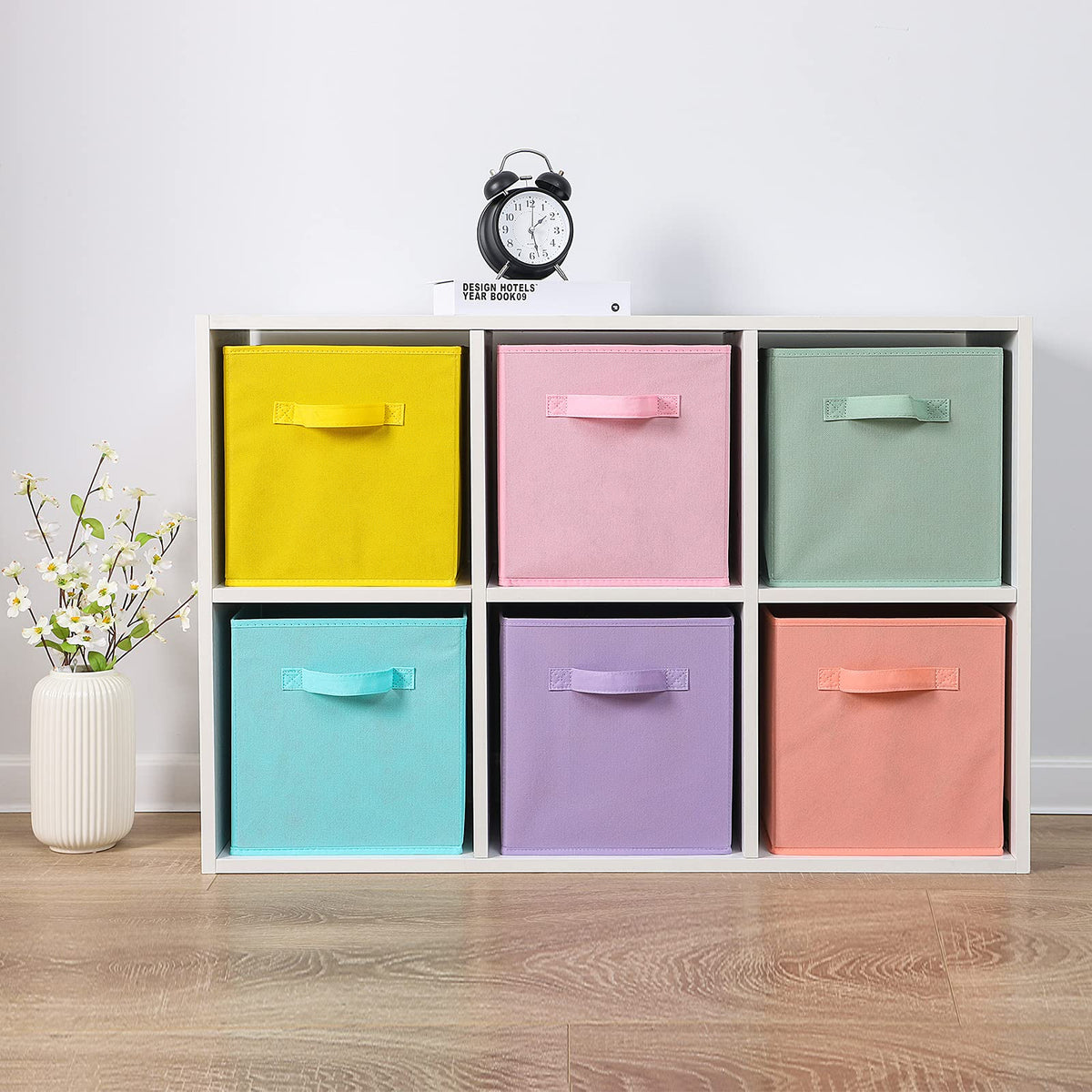 Stero purple fabric storage bin offers upright visibility on a shelf