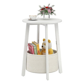 sthmec small round side table with white top and cloth basket for compact living spaces.