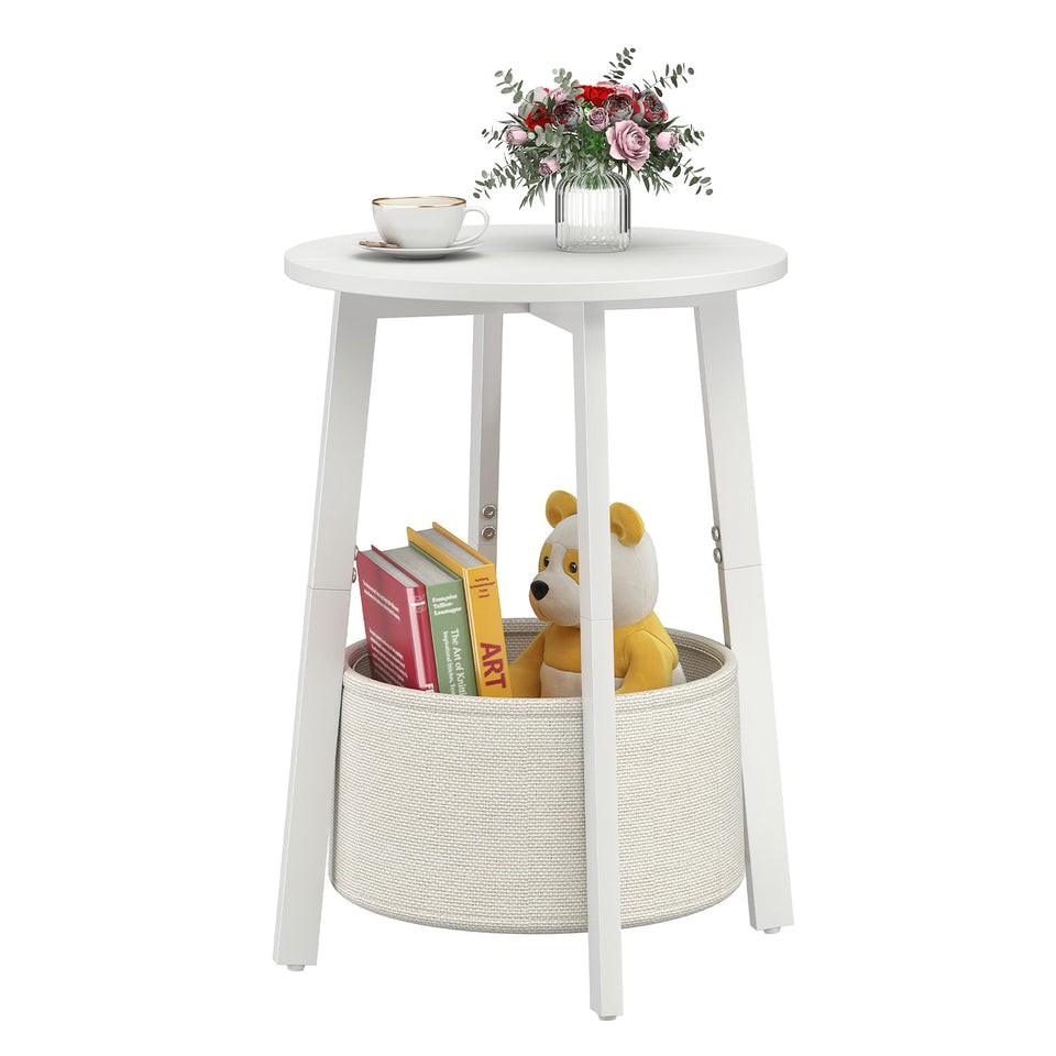 sthmec small round side table with white top and cloth basket for compact living spaces.