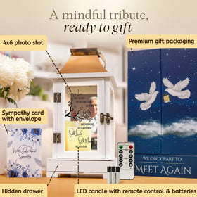 Stillwind Memorial Lantern photo holder showing a 4x6 memory for condolences
