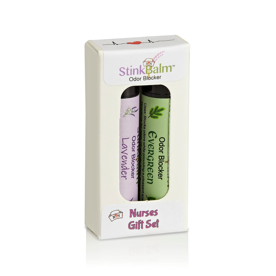 StinkBalm odor blocker nurse gift set 2-pack packaging, portable and discreet for on-the-go use.