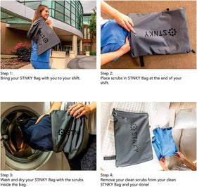 STNKY Bag Pro fits in backpacks and carry-ons shown with everyday gear.