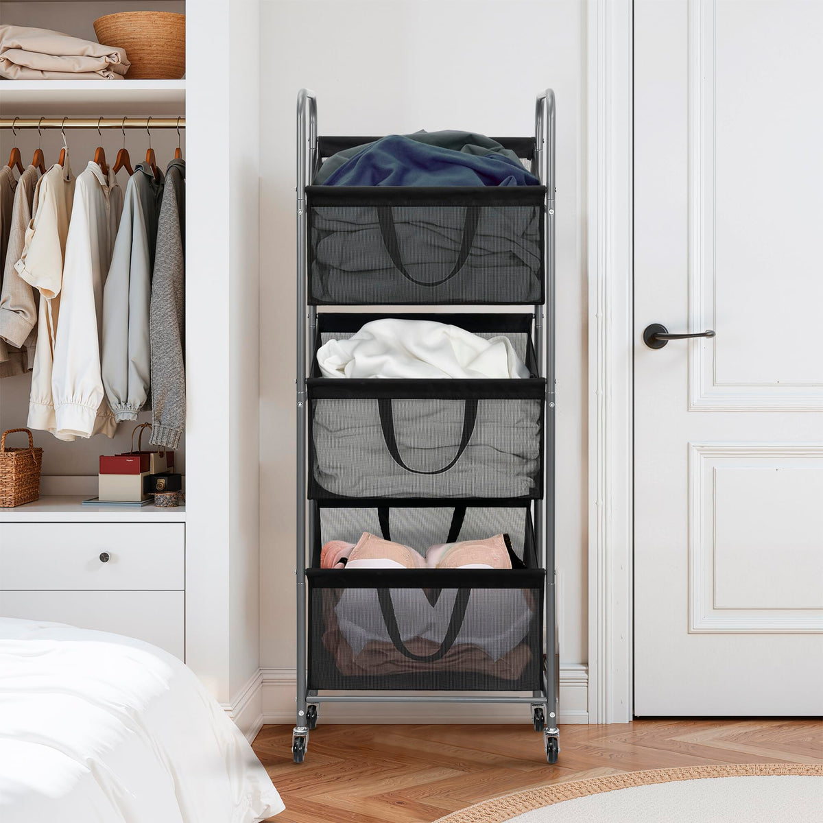 STO STO 3-tier vertical laundry hamper side view demonstrates slim footprint for tight spaces