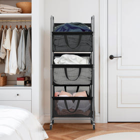 STO STO 3-tier vertical laundry hamper side view demonstrates slim footprint for tight spaces