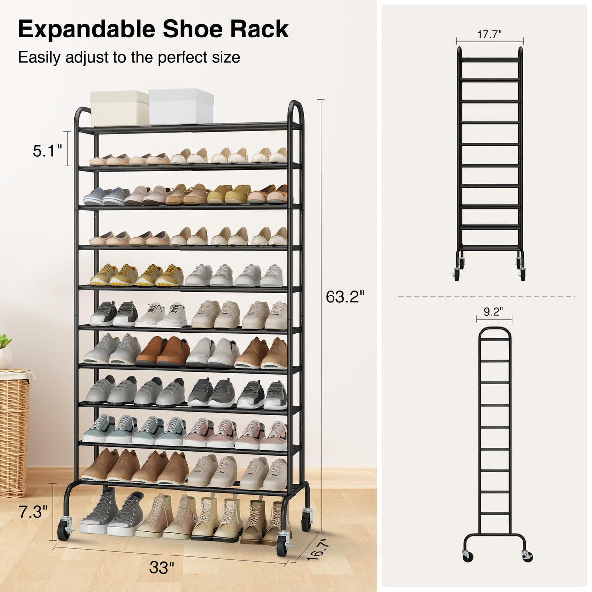 Arched handles and wheels with brakes enable easy movement and placement.